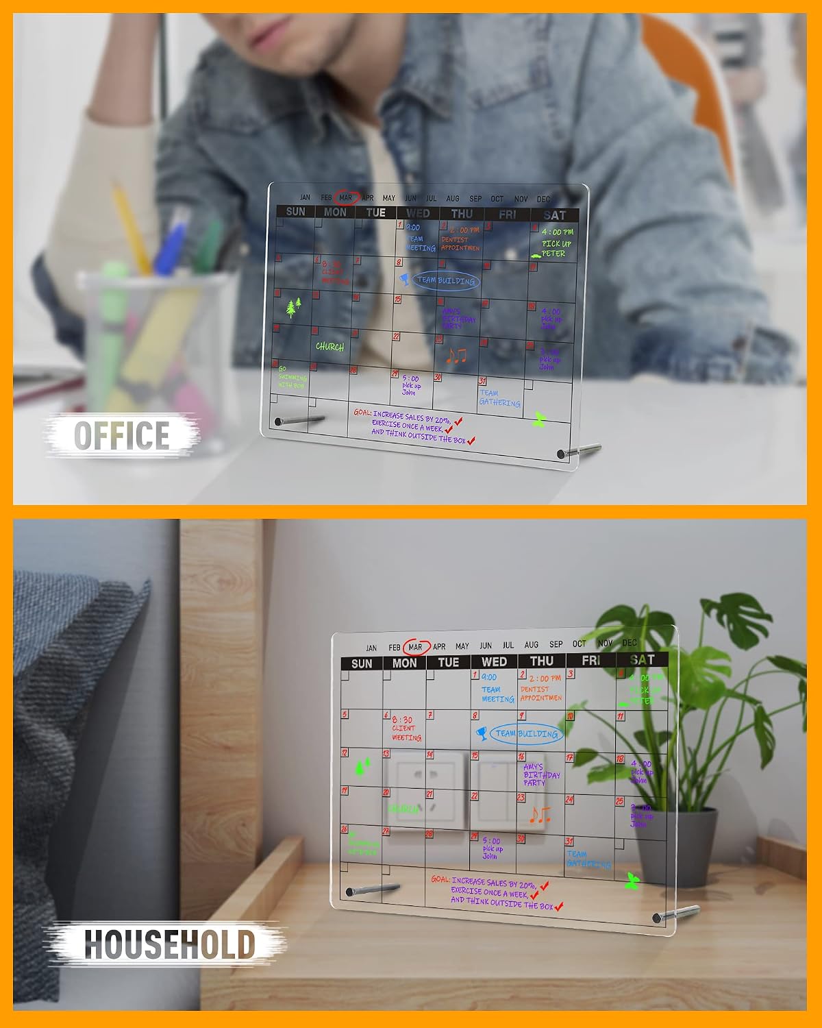 Acrylic Dry Erase Calendar Board to Do List Desktop Clear Memo Note Board, 9x13 Tabletop Whiteboard with Stand for Office, Home, School, Includes 6 Dry Erase Markers Black