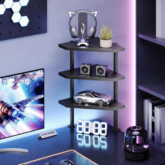 Clamp on Desk Corner Organizer, 3-Tier Desktop Shelf, Adjustable Desk Corner Storage Shelf with Metal Frame, for Office, Game Room, Black DSBK5501