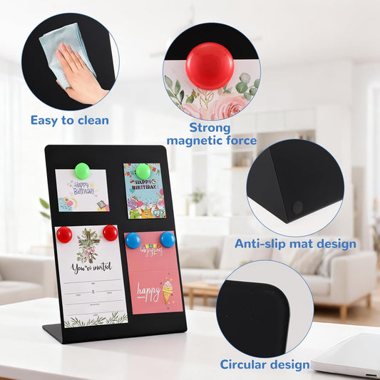 Magnetic Bulletin Board with Easel Stand, 13.7x9.8 Inch Tabletop Metal Memo Display with 8 Magnets, Standing Magnetic Board for Office, Kitchen, School, Home (Black)