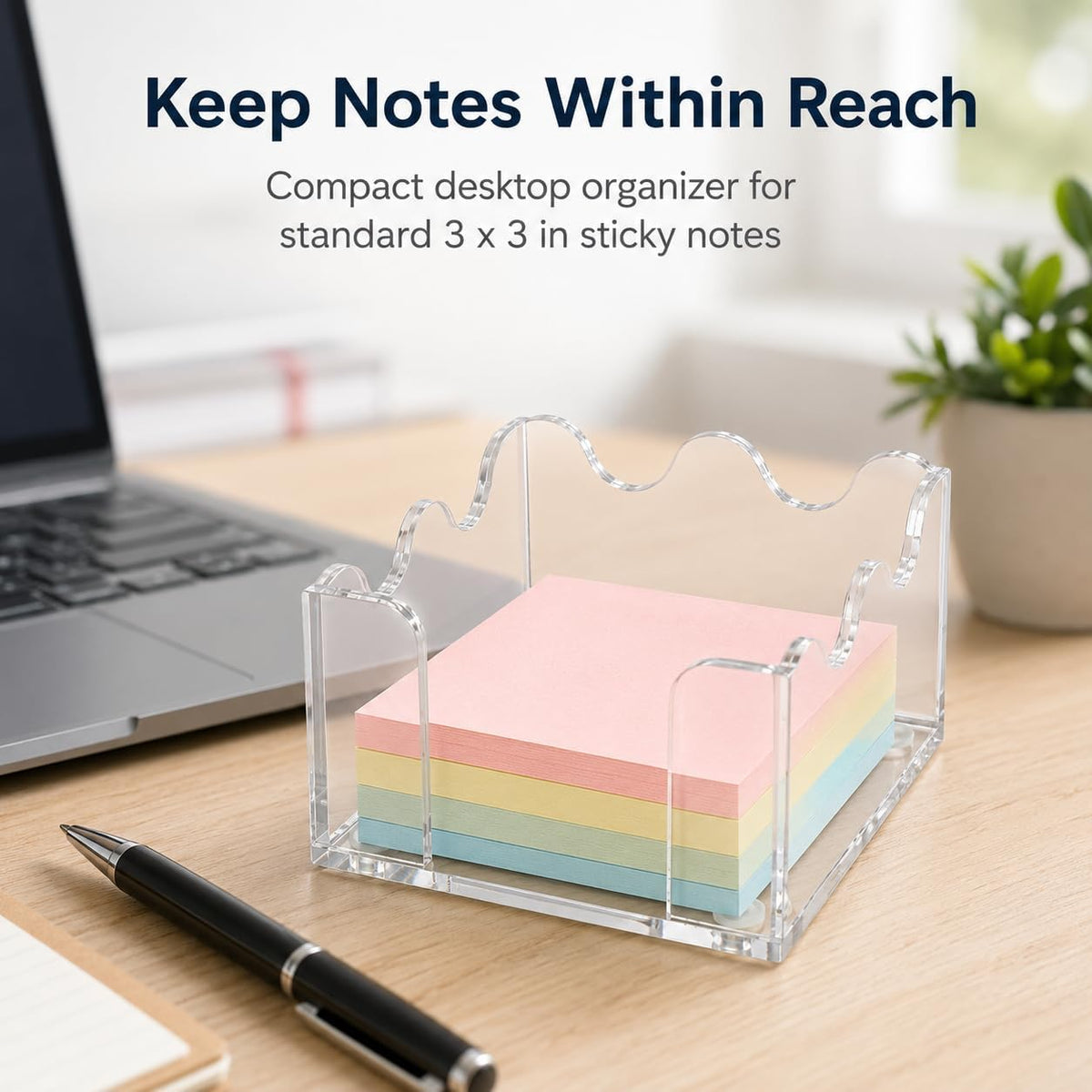 3x3 Inch Scalloped Acrylic Sticky Note Holder, Clear Cute Post It Note Dispenser, Notepad Holder with Wave Design, Thick Acrylic Desk Organizer for Office, Home, Dorm, Classroom