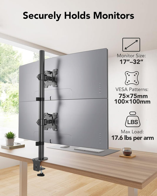 Vertical Dual Monitor Mount, Stacked Monitor Stand for 2 Monitors with Height Adjustment Computer Monitor Arm Supports Two 17 to 32 Inch with C Clamp Each Desk Mount Hold up to 17.6lbs