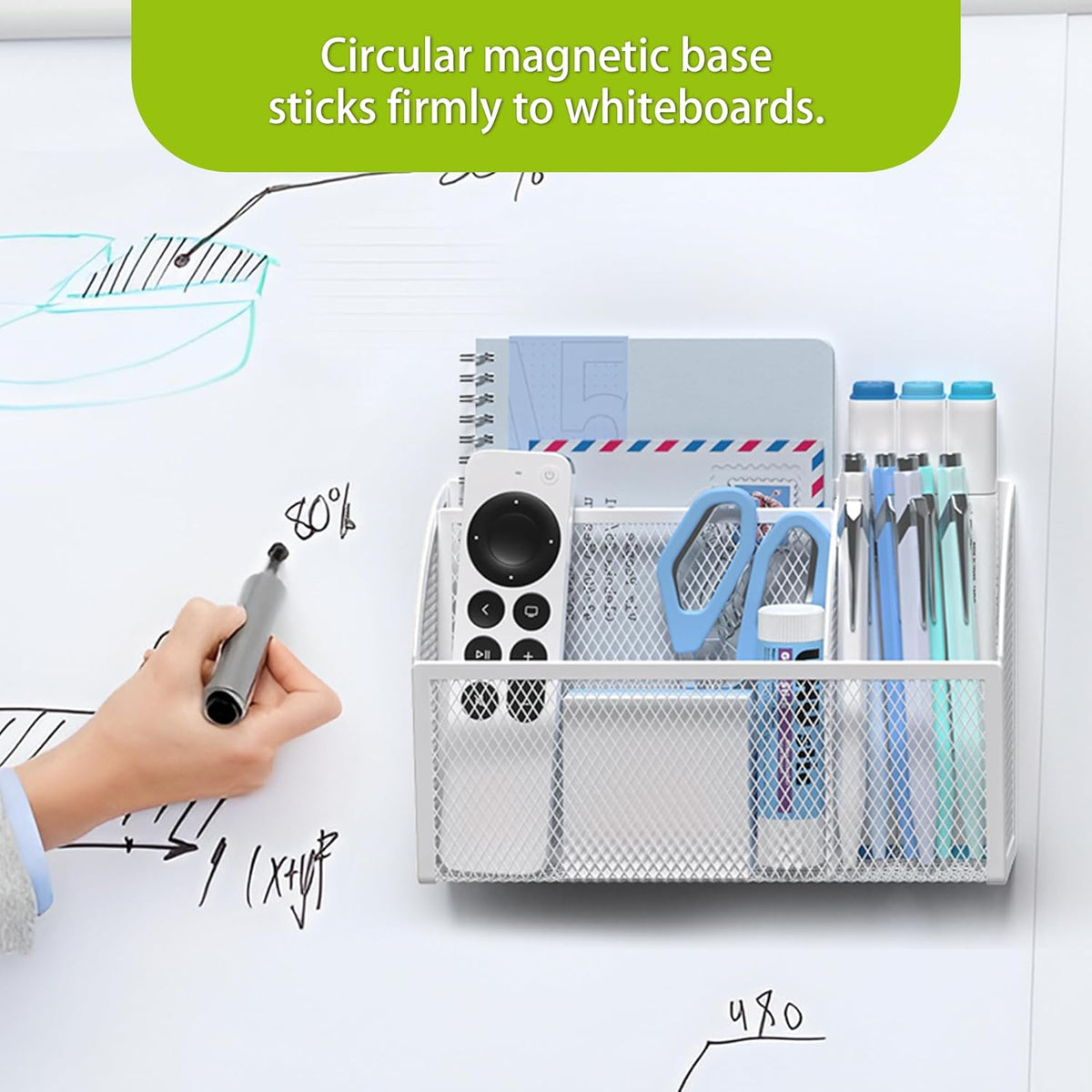 3 Compartment Magnetic Metal Mesh Pen Holder, Black Desk Caddy