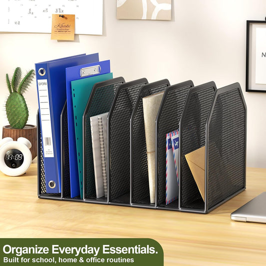 Black 7-Section File Folder Organizer for Desk, Metal Vertical File Holder Stand, Desktop File Organizer Rack for Letter/A4 Folders, Papers, Books, Office Classroom Home