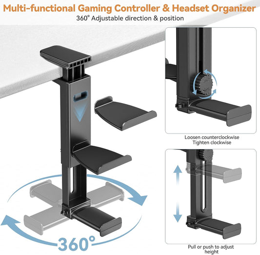 Headphone Stand & Under Desk Controller Holder with Adjustable Clamp, Controller Stand & Headset hanger for Desk Mount with 360° Rotating Hook & Cable Organizer 3-in-1 Game Organizer, Headphone Cases
