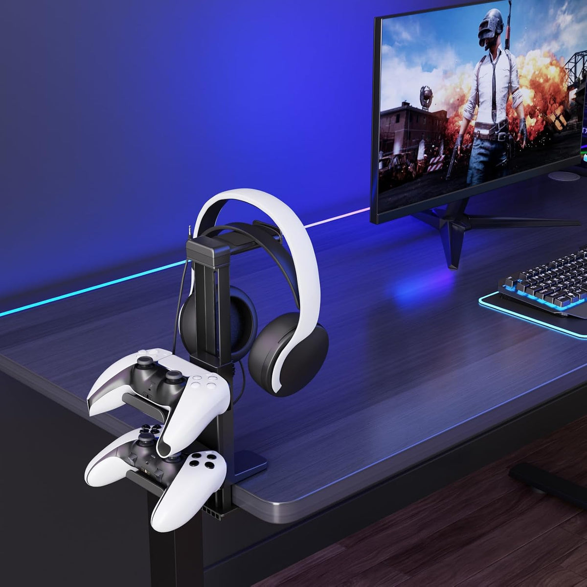 Headphone Stand & Under Desk Controller Holder with Adjustable Clamp, Controller Stand & Headset hanger for Desk Mount with 360° Rotating Hook & Cable Organizer 3-in-1 Game Organizer, Headphone Cases