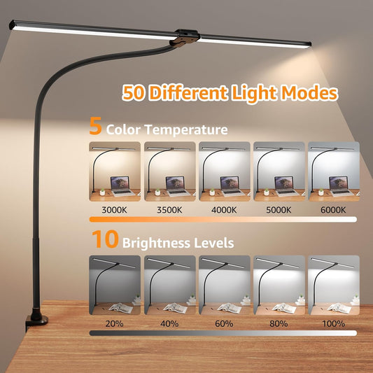 LED Desk Lamp for Home Office, Ultra Bright Clamp Light with Flexible Gooseneck, 25 Lighting Modes, Eye-Caring Architect Lamp for Dual Monitors, Reading & Gaming Setup