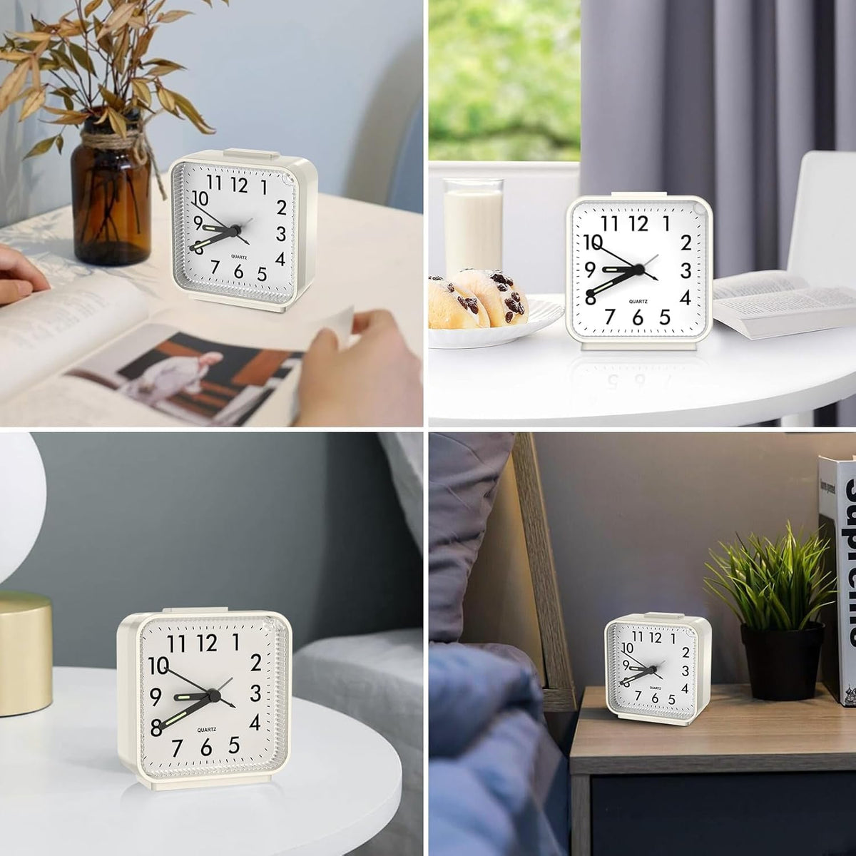 Analog Alarm Clocks, Non Ticking Table Clock with Luminous Hand & Large Display, Battery Powered Silent Bedside Alarm Clock with Snooze & Night Light Function, for Bedroom, Office
