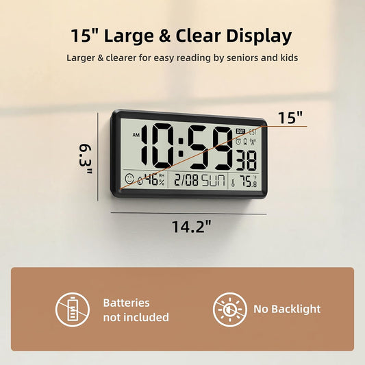15'' Large Digital Atomic Wall Clock Battery Operated, Auto DST