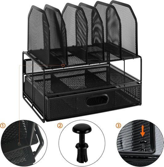 Mesh Desk Organizer with Sliding Drawer, Double Tray and 5 Upright Sections, File Holder for Office Supplies, Paper Letter Tray, Black
