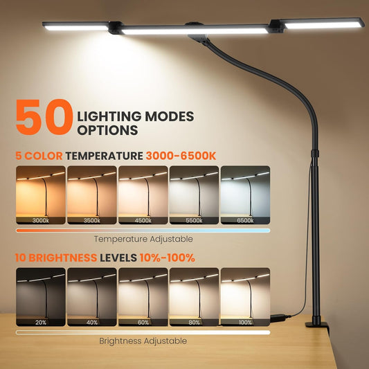 LED Desk Lamp for Office Home, 3 Head Adjustable Desk Light with Adapter