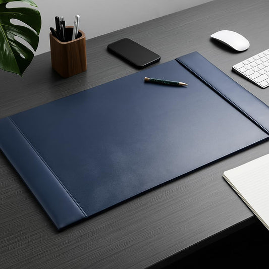 Bonded Pad with Side Rails Luxury Leather Desk Blotter for Writing, 30 x 18 (Navy Blue)
