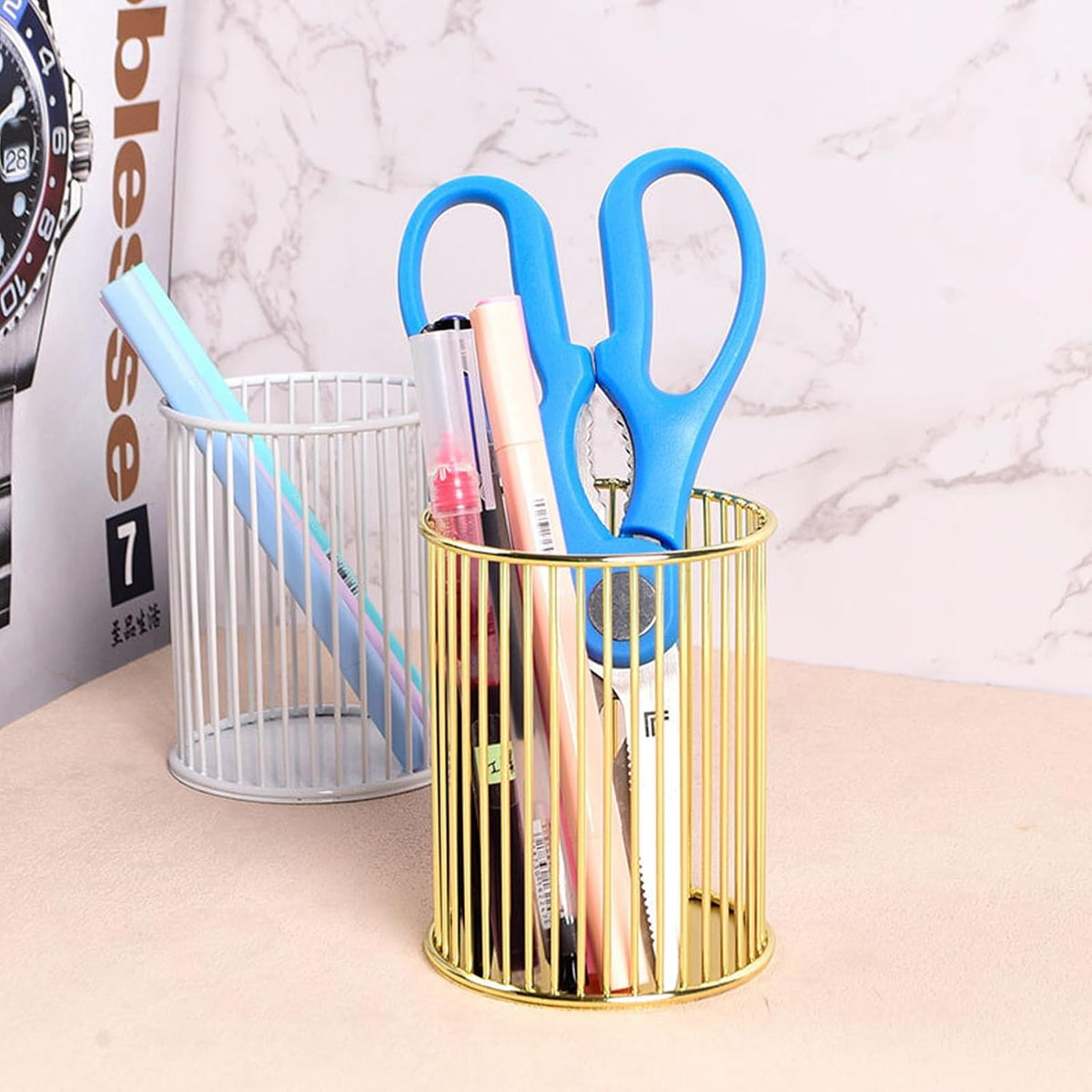 Gold Metal Pen Holder Cup for Desk Makeup Brushes Pencil Holders Home Office Organizer
