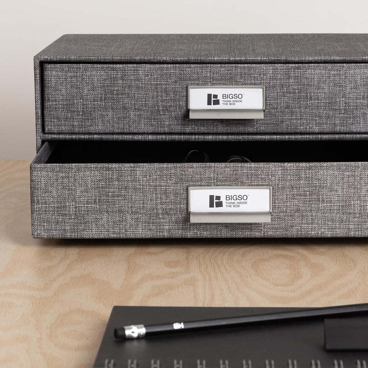 Box of Sweden Birger 2-Drawer Fiberboard Label Frame Document Letter Box | Desktop Drawers for Loose Papers, Documents & More with Metal Label Holder | 13.1" x 10" x 5.7" | White