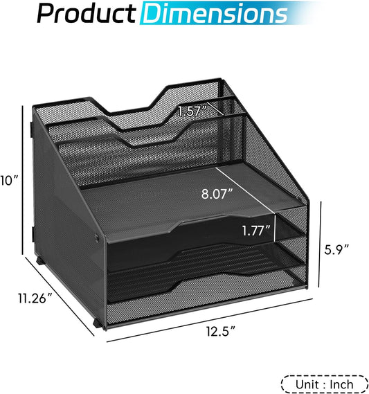 Desk File Organizer, 4 Letter Trays and 2 Upright Sections, Black