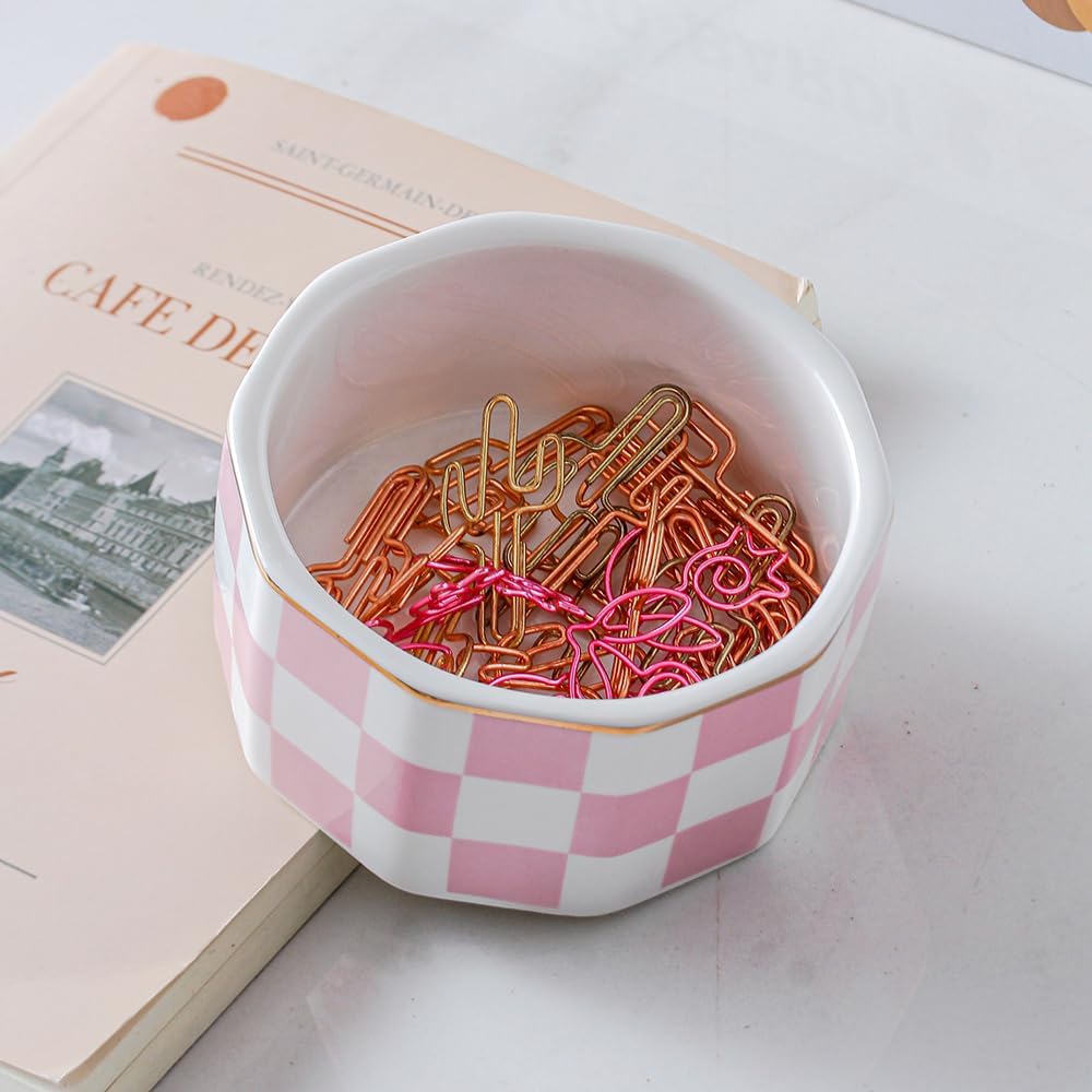 Paper Clip Holder Ceramic Marbling Paper Clip Dispenser for Desk Paper Clip Organizer Office Binder Clip Holder (Pink)