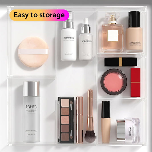 Acrylic Drawer Organizer, 6 Section Clear Makeup Tray Organizer for Drawer Office Bedroom(11.8x11.8 inch)
