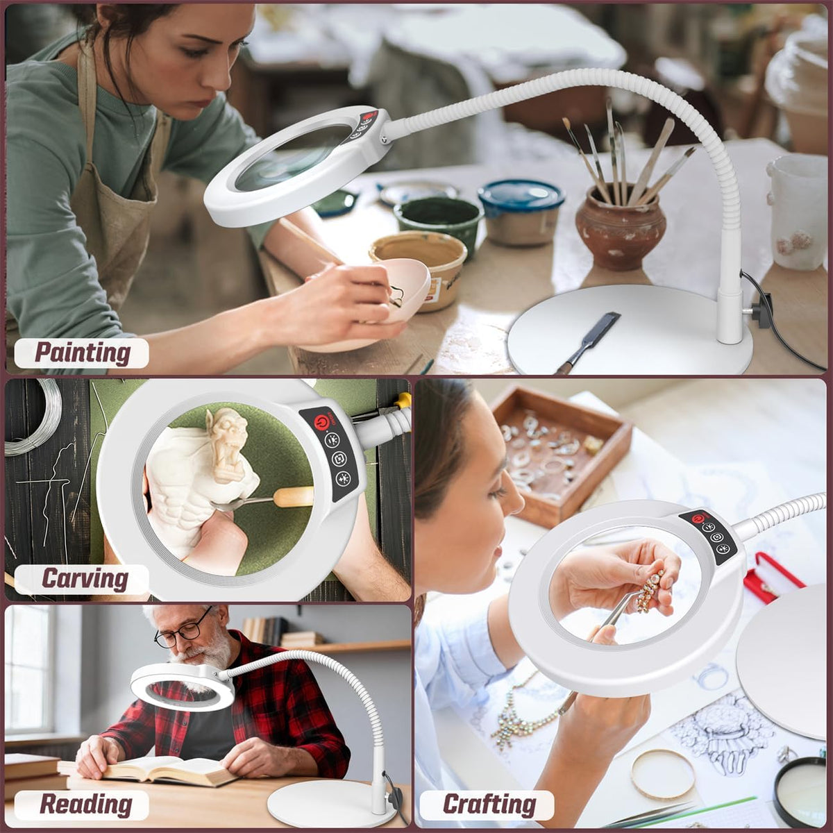 10X Magnifying Glass with Light and Stand, 5 Color Modes Stepless Dimmable LED Lighted Desk Lamp, Hands Free Magnifier with Flexible Goose-Neck for Craft Hobby Painting Sewing Close Work
