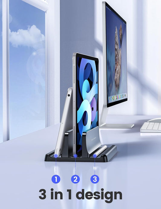 Vertical Laptop Stand Holder Organizer Plastic Adjustable Desktop Notebook Dock Space-Saving 3 in 1 for All MacBook Pro Air,Mac,HP,Dell,Microsoft Surface,Lenovo,up to 17.3 inches (Black)