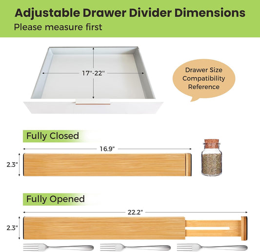 Drawer Organizer, Spring-Loaded Expandable Bamboo Dividers