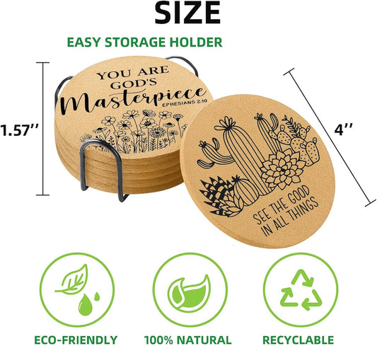 Coasters for Drinks with Holder Set of 6, Inspirational Cork Coaster Absorbent for Office Desk Inspired Table Coasters Kitchen Decor House Warming Gifts for New Home Couples, Round 4"