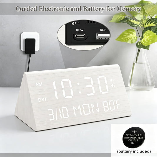 Premium Wooden Digital Alarm Clock with USB Charging Ports, Dimmable LED Display, Date, Day of Week, Temperature, DST, Clocks for Bedrooms, Desk, Nightstand, Bedside, Table, Office, Living Room Decor