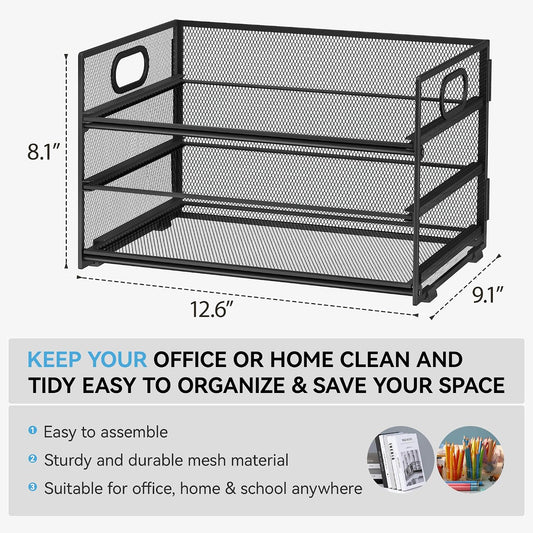 3 Tier Paper Letter Tray Organizer for Desk, Black Metal Mesh Desk File Folder Sorter Organizer with Handle and Sliding Tray for Home, Office, School Supplies Organization Storage