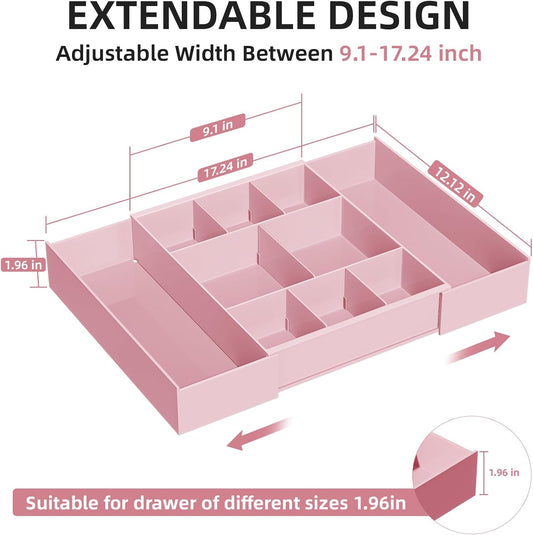 Expandable Desk Drawer Organizer, Clear Plastic Drawer Organizer Tray with 10 Adjustable Compartments, Desk Organizers and Accessories, 5 Drawer Dividers for Office Supplies, Makeup (Pink)