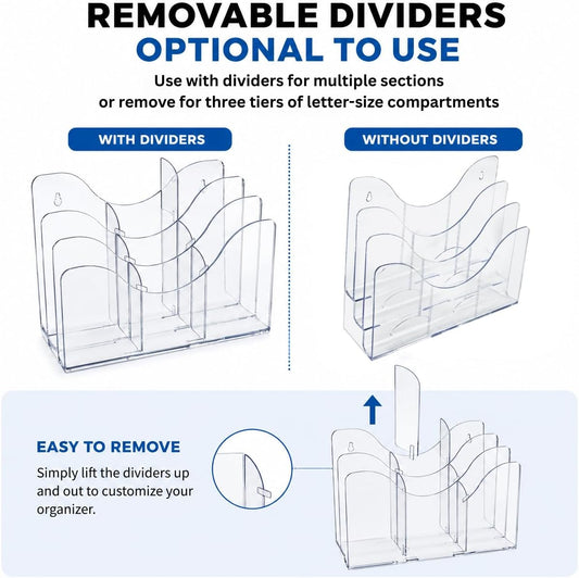 250099 Three Tier File and Brochure Desktop Wall Organizer Holder with Dividers, Brochure Display Stand, Acrylic File Holder, Clear, 8.5" x 11"