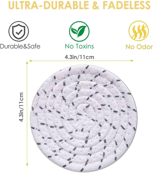 Drink Coasters 8 Pack with Holder, 4-Color Cotton Woven Absorbent Coasters Set, Minimalist 4.3in Cup Mat for Home Decor, Dining Table, Living Room, Tabletop-Protection for Coffee Beverage-Grey