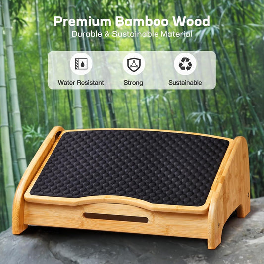 Bamboo Under Desk Footrest with 4 Heights and Massage Texture