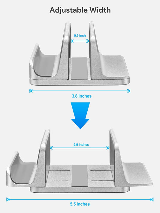 2-in-1 Vertical Laptop Stand, Adjustable Aluminum Desk Dock, Silver