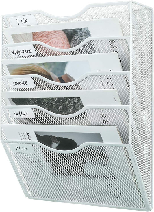 Mass Hanging Wall File Holder Mail Organizer Wall Mount Document Letter Rack, 5-Tier, White