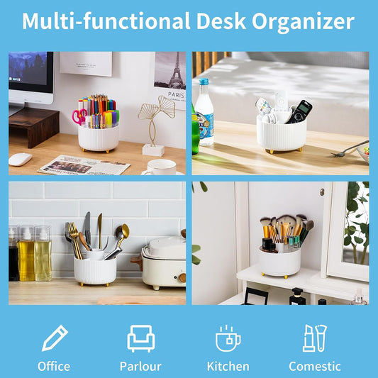 Desk Organizer, 360-Degree Rotating Pen Holder, Desk Organizers and Accessories with 5 Compartments Pencil Holder, Art Supply Storage Box Caddy for Office, Home(White)