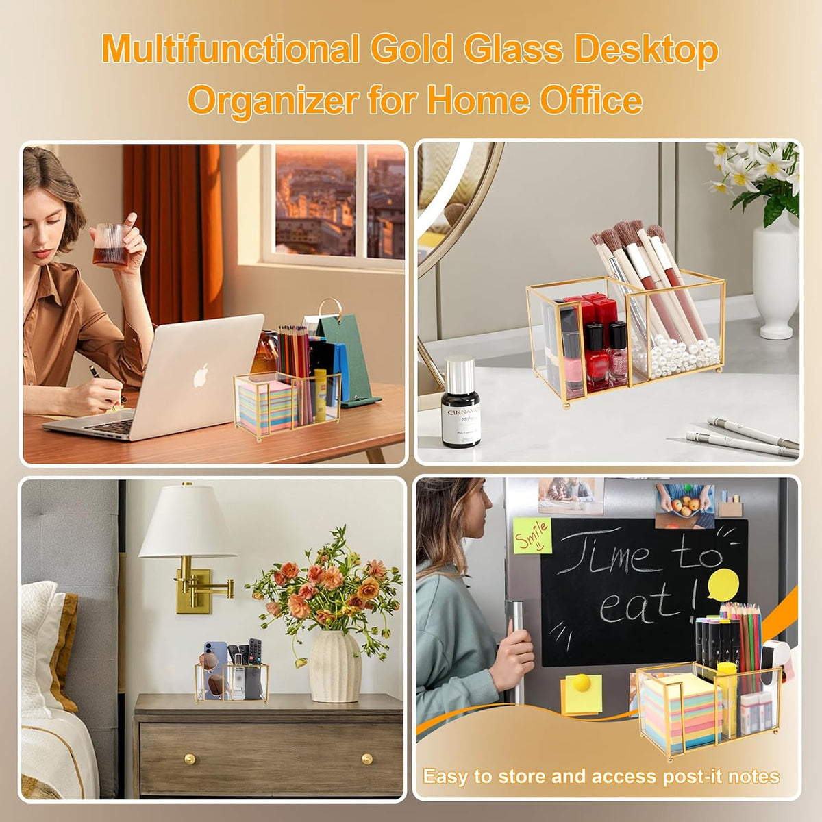Glass Sticky Note Holder,2 Slots Gold Post It Note Dispenser for Desk,3 x 3 Inch Post It Note Holder, Stylish Sticky Note Dispenser for Home Office Desk Table Drawer