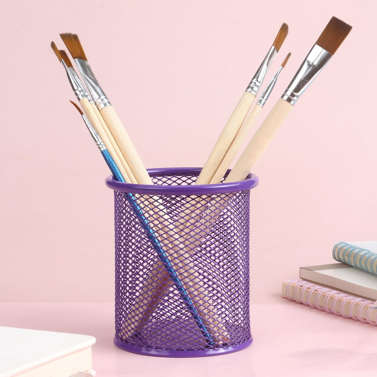 Pen Holder Cup for Desk, Wire Mesh Pencil Cup Holder, Pink
