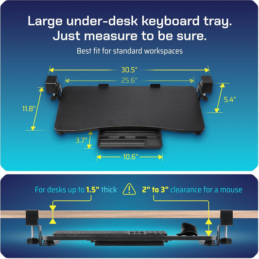 Keyboard Tray | Under Desk Keyboard Tray Slide Out w/Adjustable C-Clamps for Desks Up to 1.5-Inch-Thick | Clamp On Drawer with 1x USB-C to 4 USB-A Hub and 1x Five-Cable Management Organizer