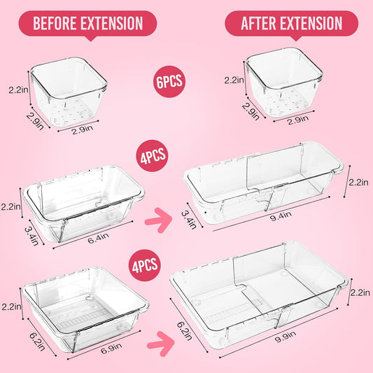 14Pcs Expandable Clear Drawer Organizers, Desk Drawer Organizer Set, Acrylic Organizer Bins for Kitchen, Bathroom, Office, Makeup, 3-Size acrylic organizers & Vanity Organizer Trays