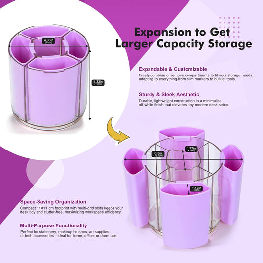 360° Rotating Pen Holder for Desk, Purple Pencil Holder with 5 Slots