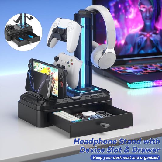 Headphone Stand with USB A&C Charger Ports - RGB Controller Stand with Detachable Hooks - Rotatable Headset Hanger & Device Slot for Phones/Tablets - Drawer Storage Base for Gaming Desk Organizer