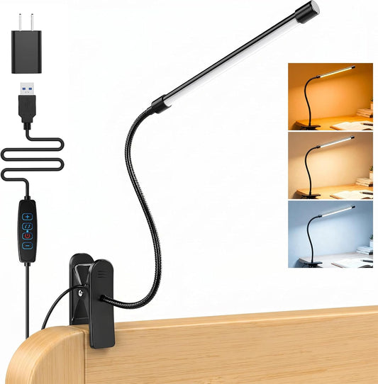 Clip on Reading Light for Books in Bed: Adjustable Dimmable Gooseneck Eye Caring LED Small Desk Table Lamps with Clamp: 3 Modes Lighting Night Lamp for Bed Headboard - Bedside(with Power Adapter)