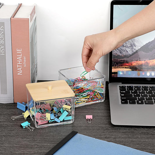 Stackable Paper Clip Holder with Bamboo Lid 2-Layer Paperclip Box