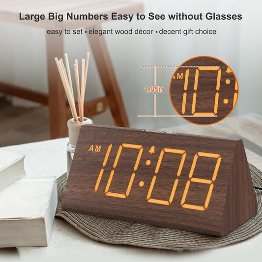 Wooden Digital Alarm Clock for Bedrooms Desk with Large Numbers