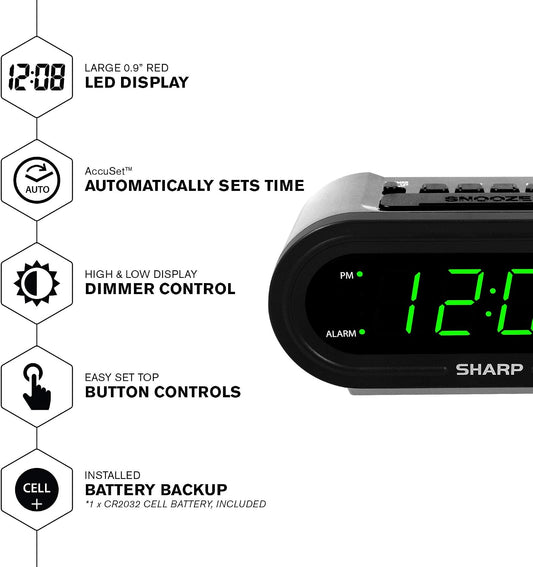 AccuSet Self-Setting Alarm Clock with Auto DST, Green LED