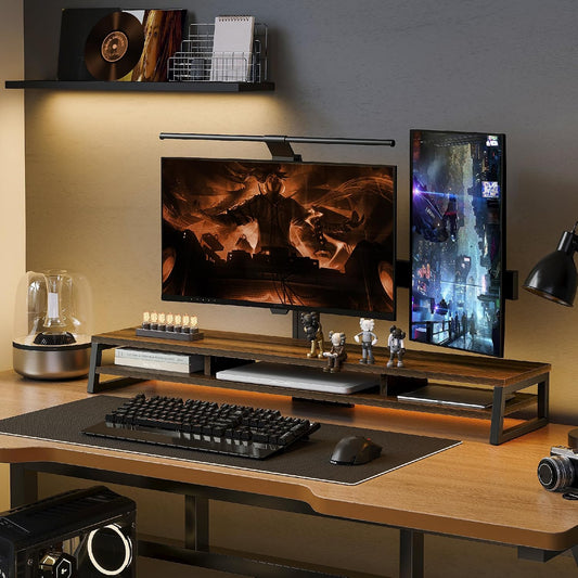 Dual Monitor Riser for Desk, Open Shelf with 3 Storage Compartments