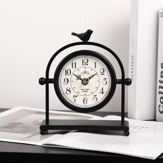 Vintage Farmhouse Table Clock with Bird Topper, Silent Non-Ticking Mantel Clock with Closable Back Cover, Black Iron Decorative Desk Clock for Living Room, Fireplace Mantel & Bedroom, 8 Inch