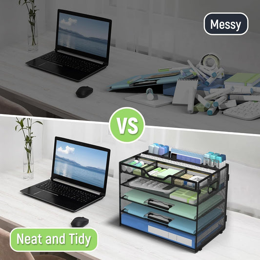 5 Tier Mesh Desk Organizer with Removable Tray&Pen Holder, Black