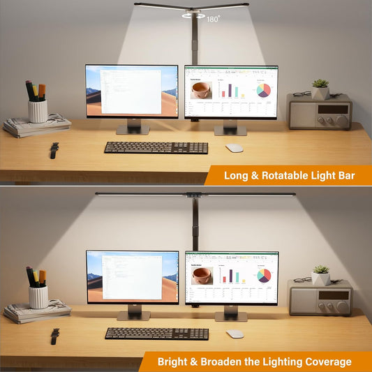 LED Desk Lamp for Home Office - Dimmable Computer Desk Light with Clamp, Modern Architect Task Lamp with Color Changing, Flexible Desktop Lamp with Gooseneck for Monitor, Double Head, Black