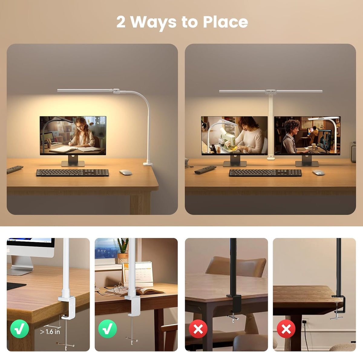 LED Desk Lamp for Home Office - Dimmable Computer Desk Light with Clamp, Modern Architect Task Lamp with Color Changing, Flexible Desktop Lamp with Gooseneck for Monitor, Double Head, Black