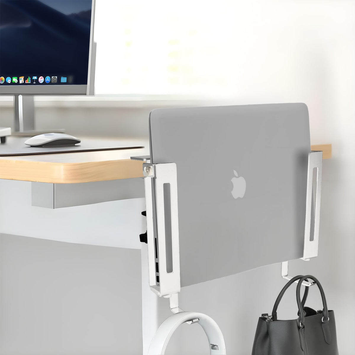No Drill Adjustable Desk Side Laptop Mount Headphone Hook (Black)