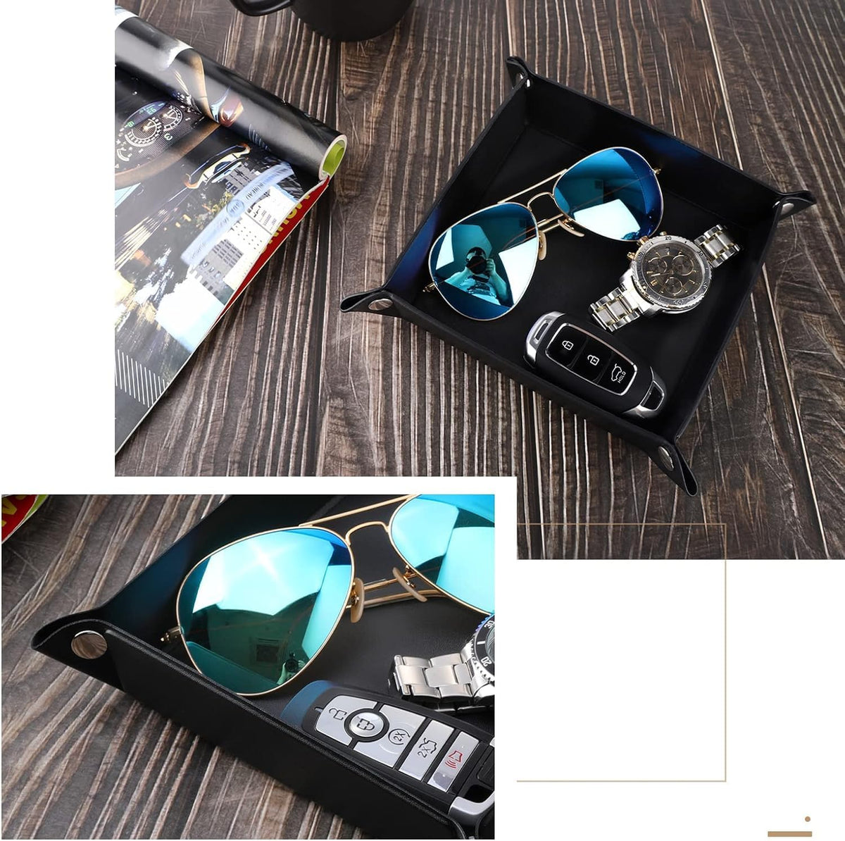 PU Valet Tray for Key Coin Phone Jewelry Wallet, M, Black